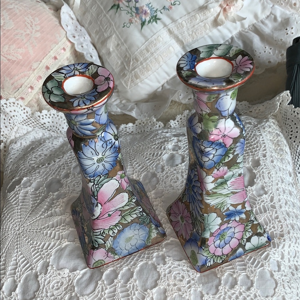 Vtg metallic gold pink blue floral candle holder set